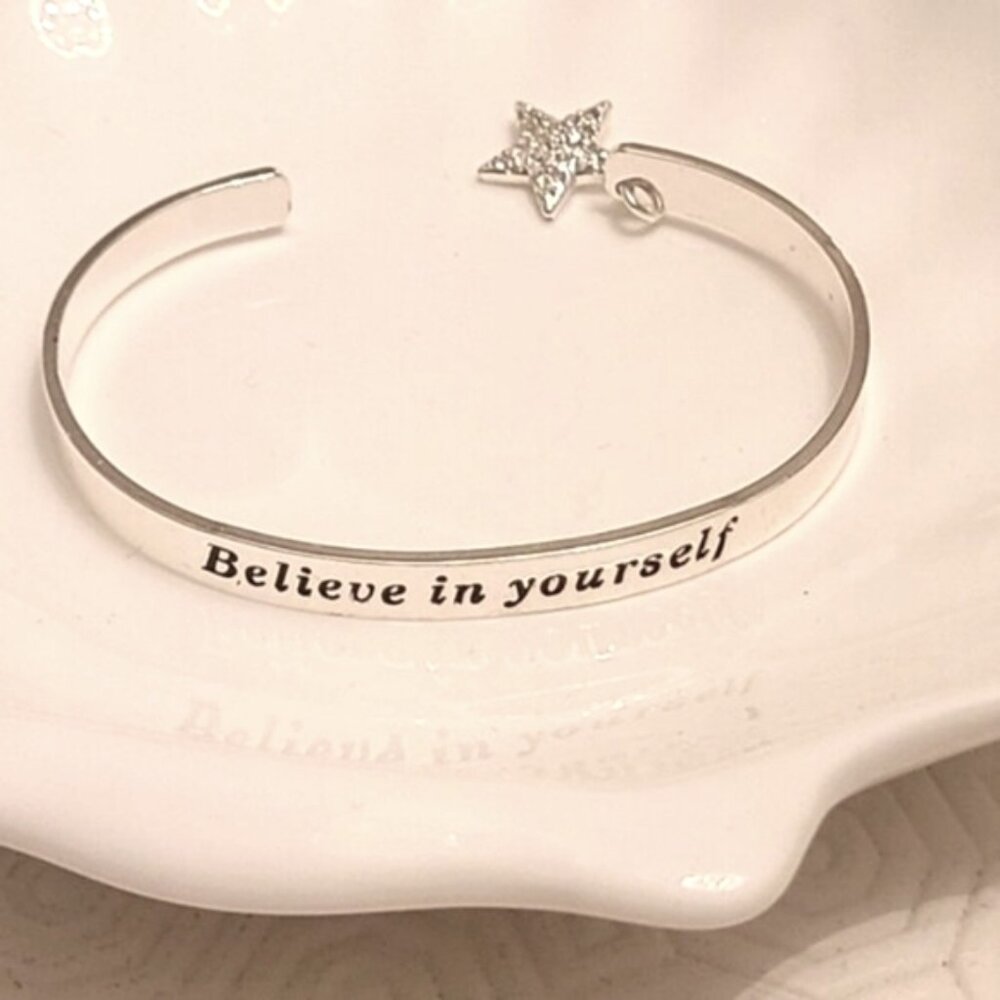 Silver Plated Affirmation Open Cuff Bangle Bracelet Star Charm